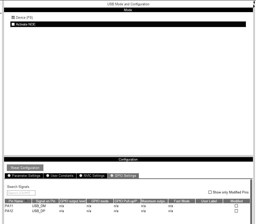 USB Device (FS) 配置界面，勾选Device (FS)使能USB外设